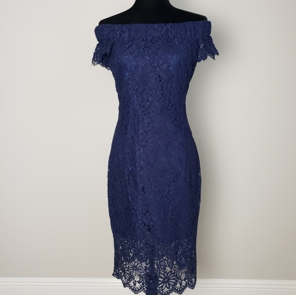 Nanette Lepore | Dresses | Nwt Nanette Lepore Women Off The Shoulders Lace  Navy Sheath Cocktail Midi Dress | Poshmark
